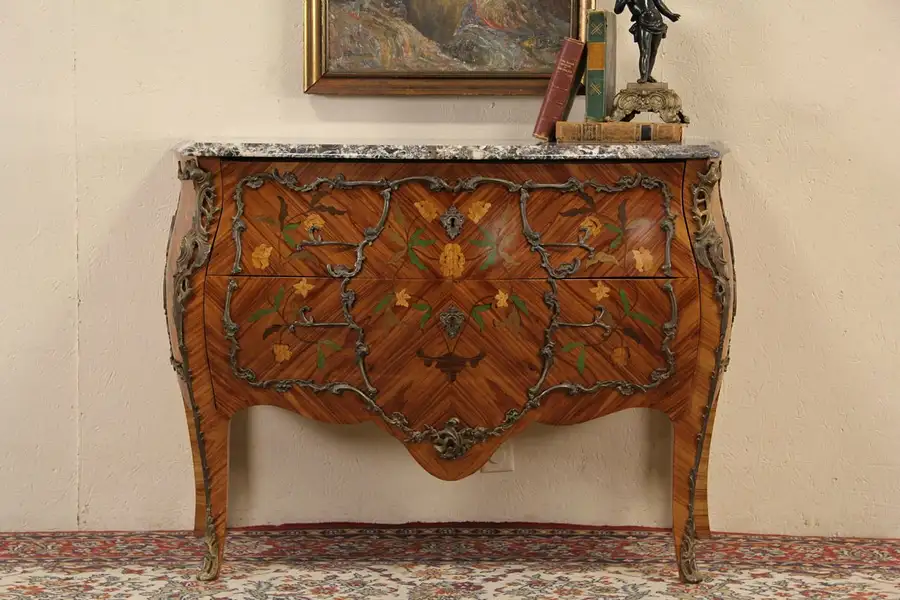 Main image of French Marble Top French Bombe Marquetry Chest, Commode or Dresser
