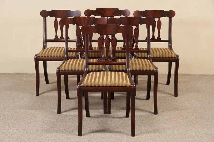 Main image of Set of 6 Regency Style Vintage Mahogany Dining Chairs, New Upholstery