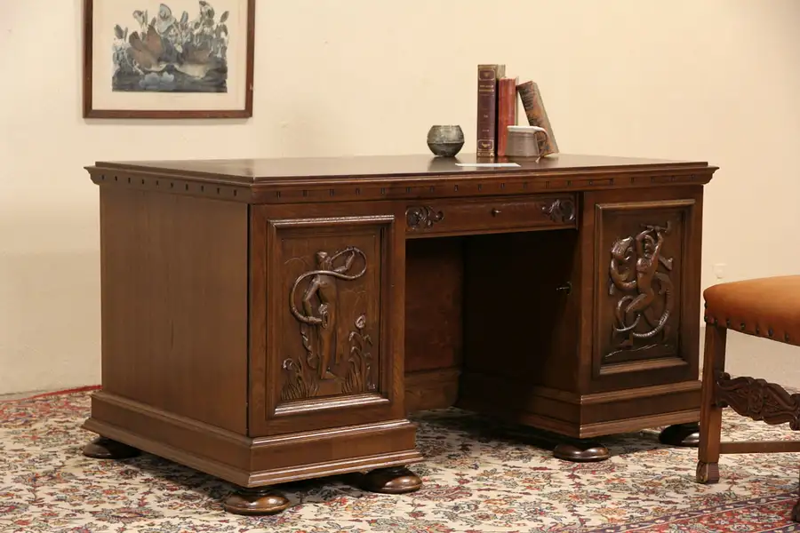 Main image of Viking Warrior Carved Oak 1915 Antique Scandinavian Desk & Bookcase