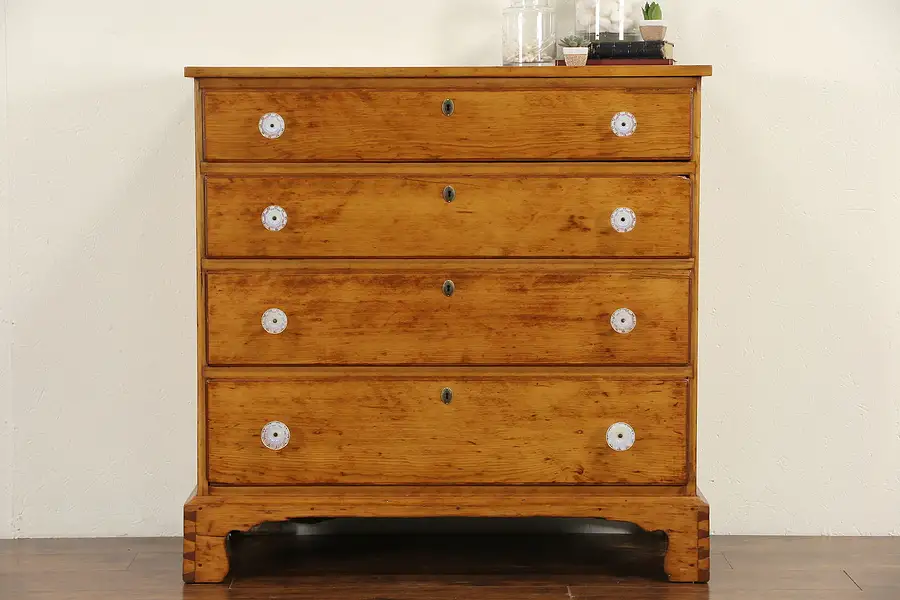 Main image of Country Pine 1820 Antique New England Chest or Dresser, Sandwich Glass Pulls