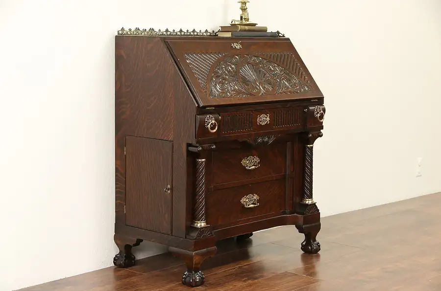 Main image of Oak Carved 1890 Antique Secretary Desk, Secret Compartments, Spiral Columns
