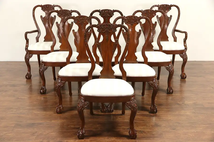 Main image of Set of 8 Vintage Carved Mahogany Dining Chairs, Upholstered Seats