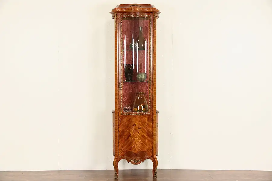 Main image of Italian Rosewood Marquetry Narrow Curved Glass Vintage Curio Cabinet