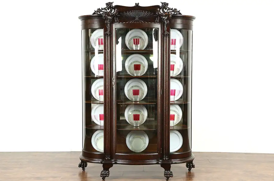 Main image of Oak 1900 Curved Glass Curio China Display Cabinet, Carved Griffins, Paw Feet
