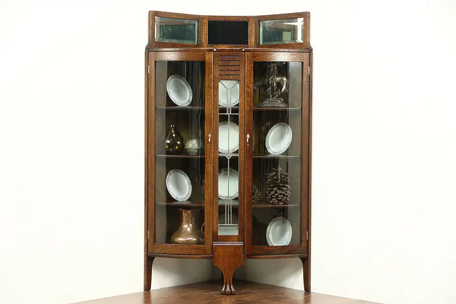 Main image of Arts & Crafts Antique Oak Curved & Leaded Glass Corner China Curio Cabinet