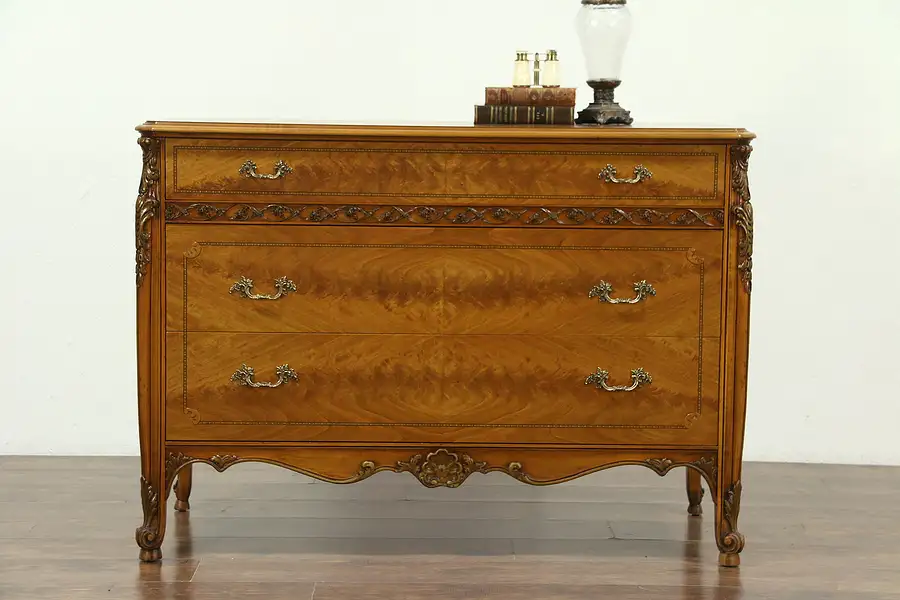 Main image of Satinwood 1925 Antique Carved Chest or Dresser, signed Rockford of Illinois