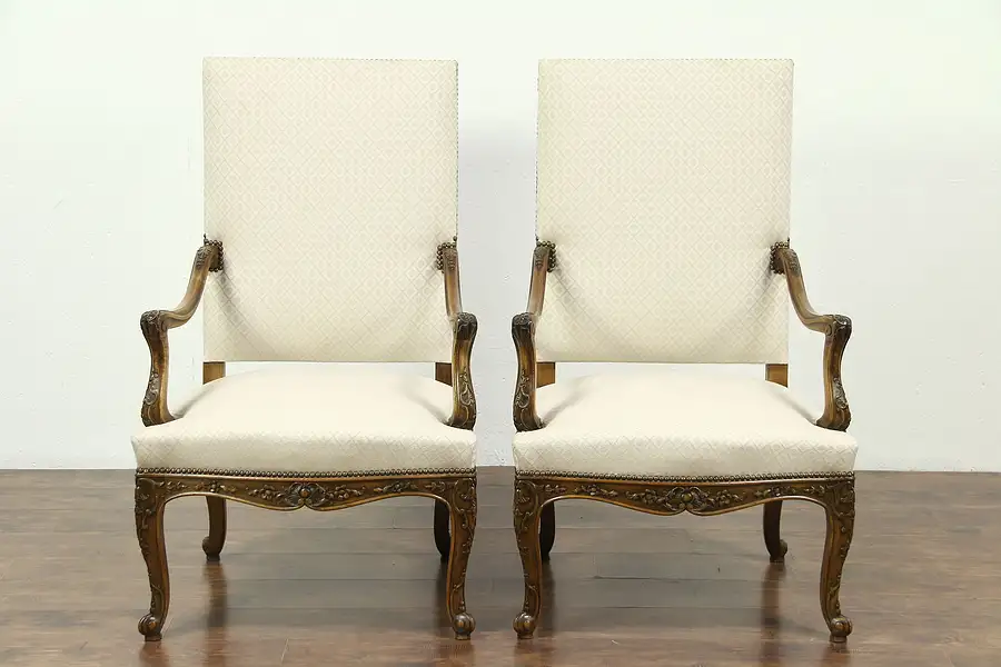 Main image of Pair 1930's Large Vintage Carved Upholstered Chairs, France
