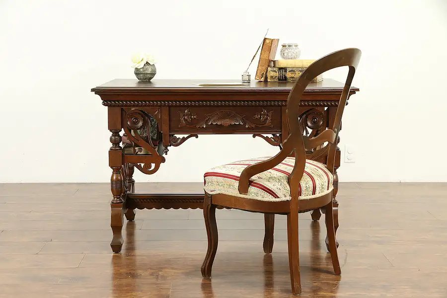 Main image of Victorian Antique Carved Oak Library or Parlor Table, Bookshelves