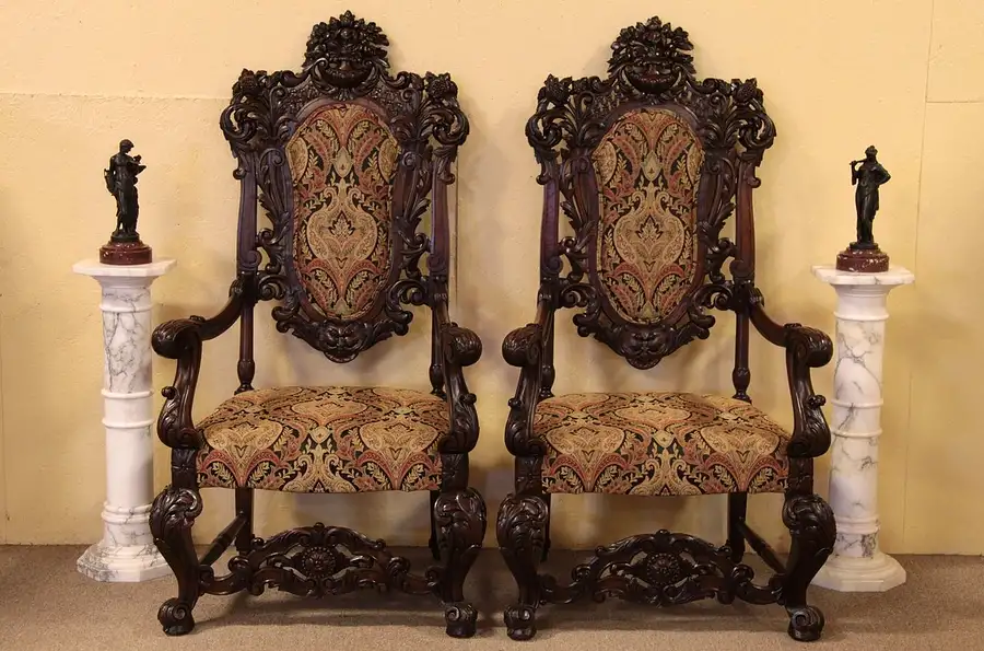 Main image of Pair of Carved Antique Throne or Hall Chairs