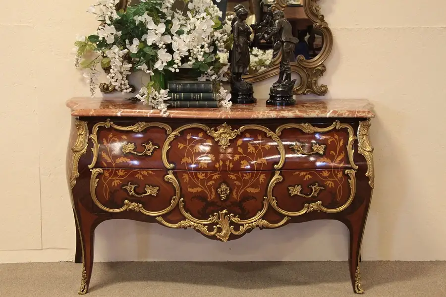 Main image of Marquetry Marble Top Bombe Chest, Bronze Mounts