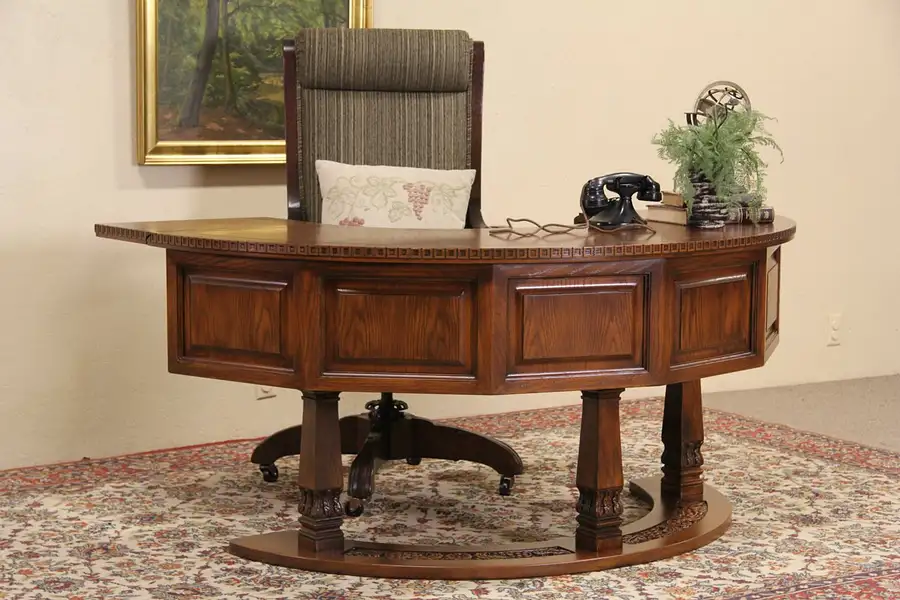 Main image of Romweber Semicircular Oak Desk, 1950's Vintage, Carved Grapevines