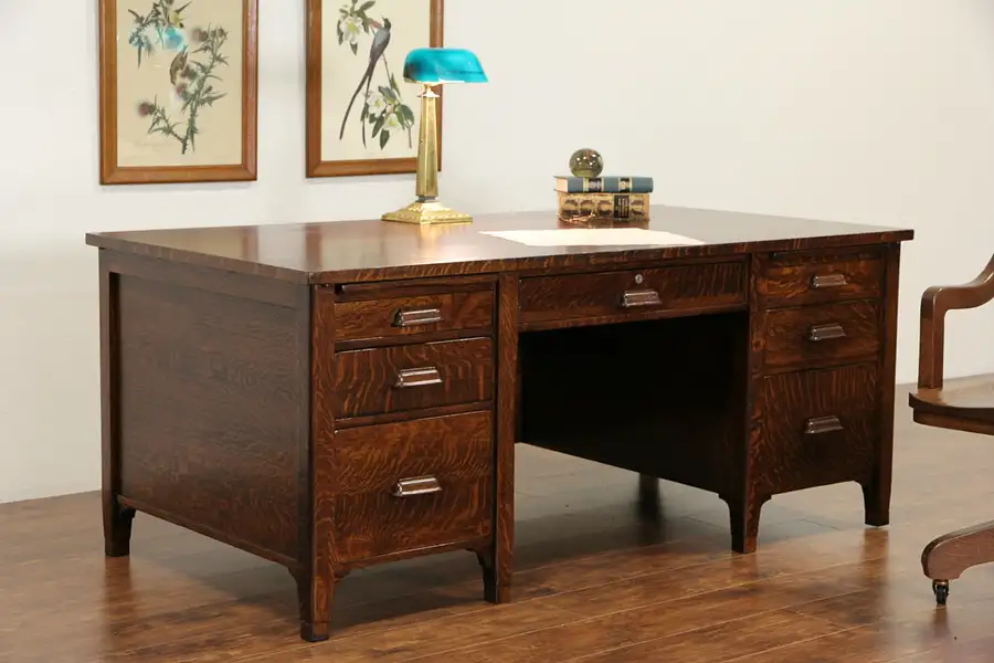 Main image of Arts & Crafts Executive 1900 Antique Quarter Sawn 6' Oak Desk, 2 File Drawers