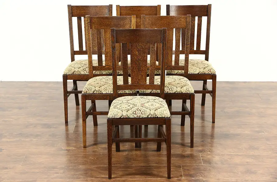Main image of Set of 6 Antique Craftsman 1910 Mission Oak Arts & Crafts Dining Chairs