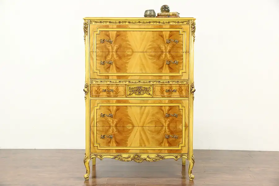 Main image of Satinwood & Hand Painted 1940 Vintage Highboy Dresser or Tall Chest