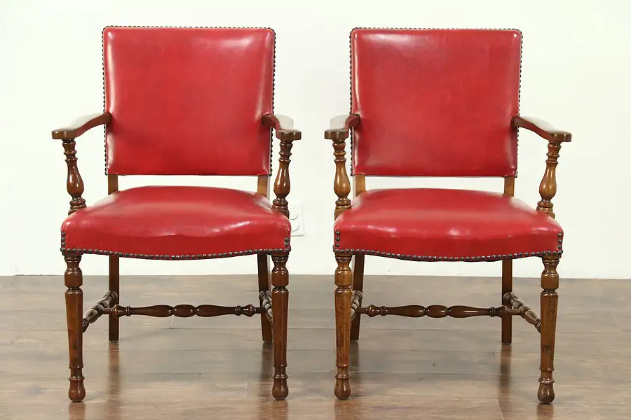 Main image of Pair of Carved Antique Walnut Office or Library Chairs, Red Faux Leather