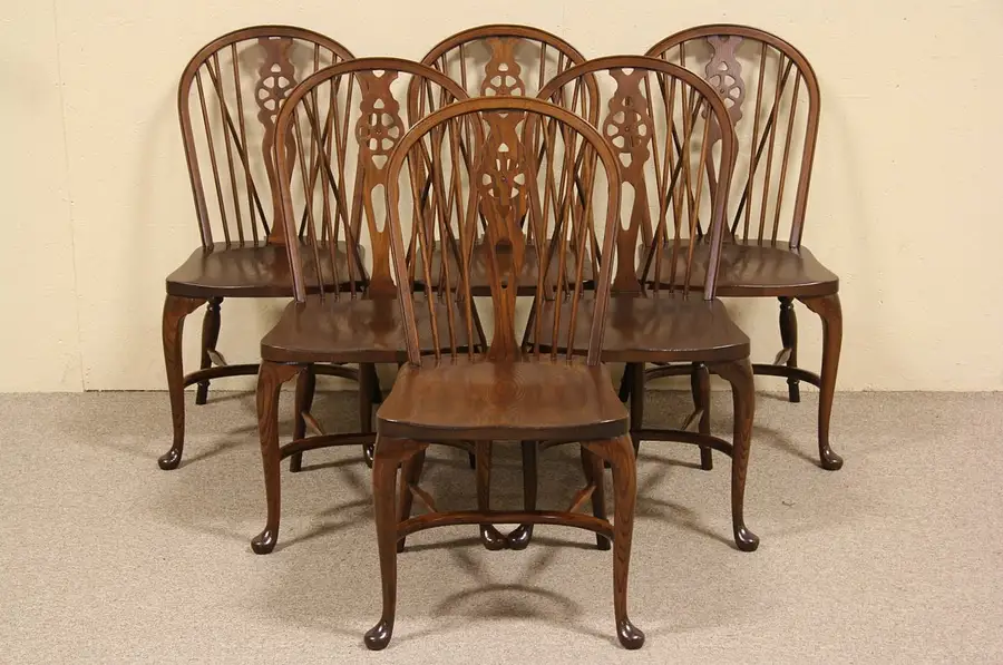 Main image of Set of 6 Carved Oak Windsor Dining Chairs