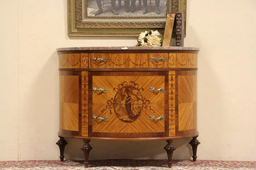Main image of Marble Top Rosewood Marquetry Demilune Console Cabinet