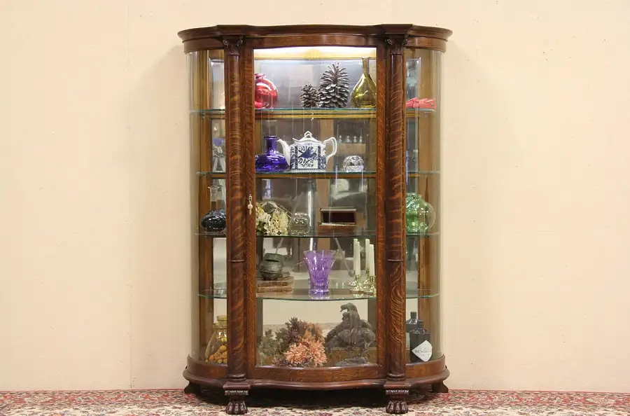 Main image of Oak Curved Glass 1900 China or Curio Display Cabinet, Lion Feet