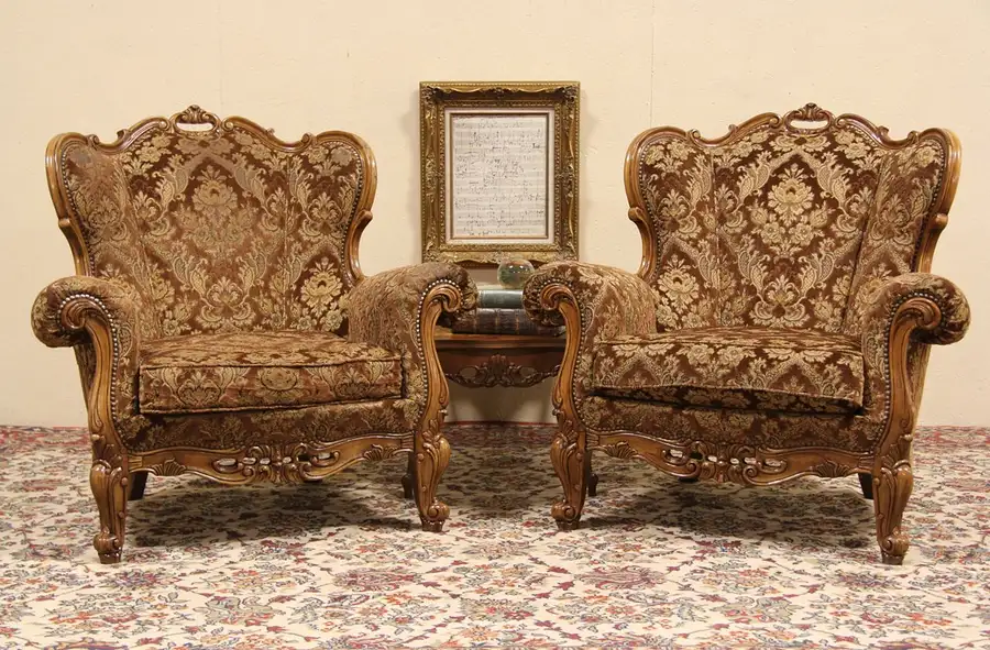 Main image of Pair of Carved Italian Baroque 1940 Vintage Wing Chairs