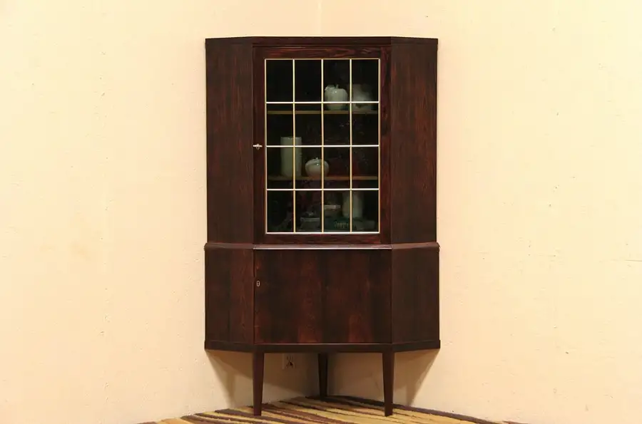 Main image of Midcentury Danish Modern Rosewood Vintage Corner Cabinet, Leaded Stained Glass