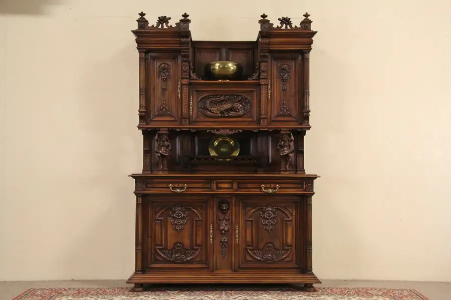 Main image of Royal Danish Jester Cabinet, Carved Walnut 1890 Antique