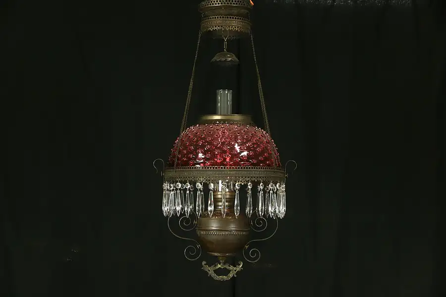 Main image of Victorian 1880's Antique Cranberry Hobnail Shade Hanging Oil Lamp