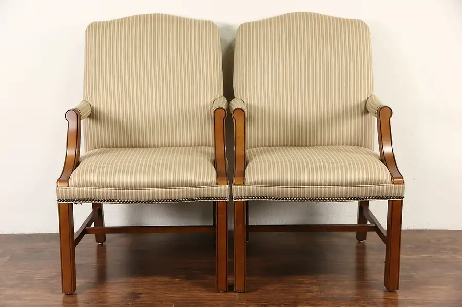 Main image of Pair Traditional Upholstered Vintage Office or Library Chairs, Signed Kimball
