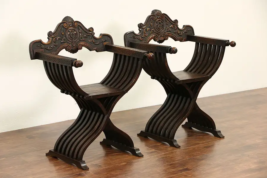 Main image of Pair of Italian 1900 Antique Savonarola Folding Chairs, Hand Carved Fruitwood