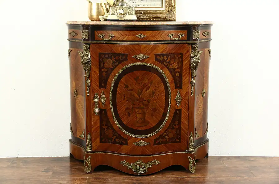 Main image of Italian Marble Top Rosewood Marquetry Console Cabinet, Brass Figural Mounts