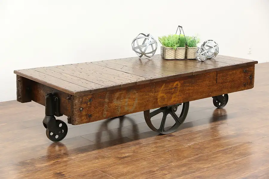 Main image of Industrial 1900's Antique Railroad Oak and Iron Cart or Coffee Table