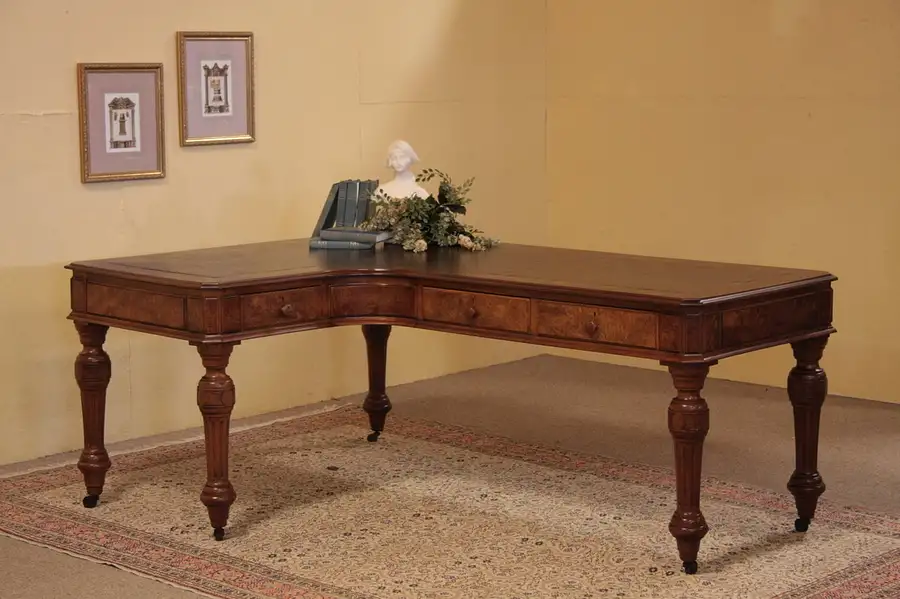 Main image of Victorian L Shape Desk, Leather & Burl