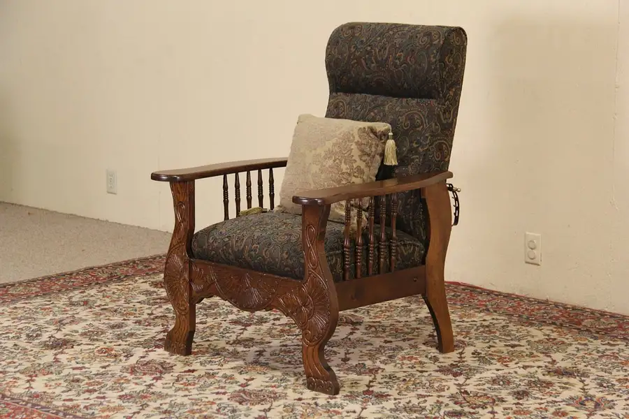 Main image of Morris Chair, 1900 Antique Oak Adjustable Recliner, Green Upholstery