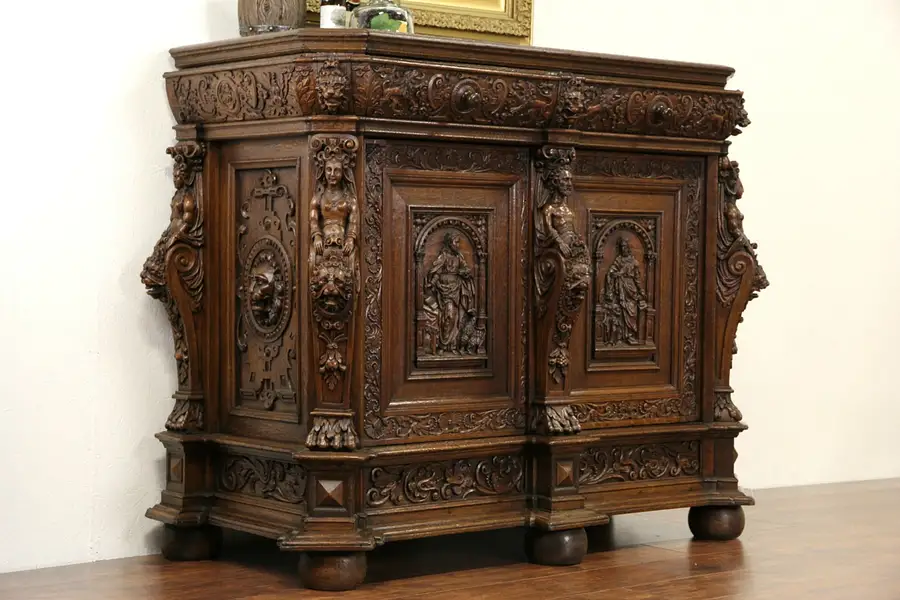 Main image of Renaissance Carved Oak 1700's French Cabinet or Sideboard, Lions, Figures