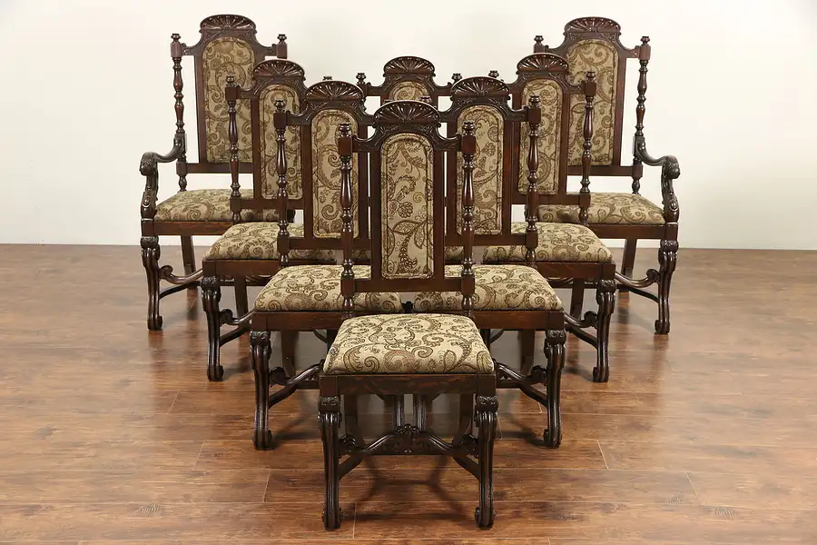 Main image of Set of 8 Renaissance Carved Oak 1920's Antique Dining Chairs, New Upholstery
