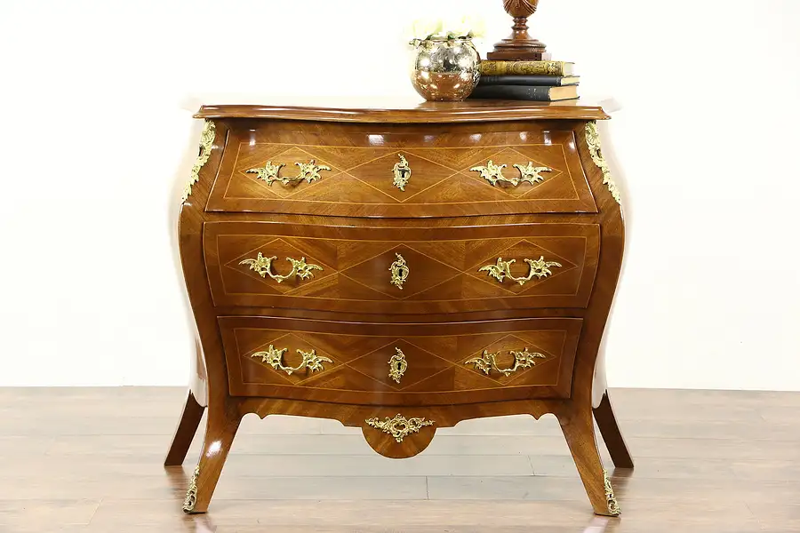 Main image of Italian 1950 Vintage Bombe Marquetry Chest or Dresser, Brass Mounts
