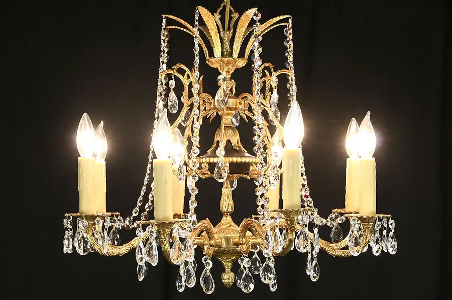Main image of Regency Gold Plated 8 Candle Vintage Chandelier, European Cut Prisms