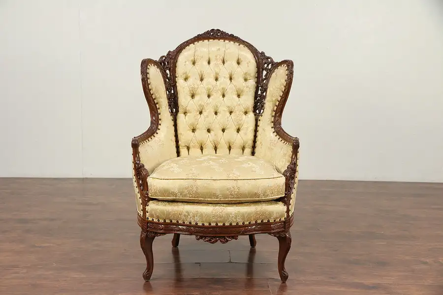 Main image of Carved 1940's Vintage French Style Wing Chair
