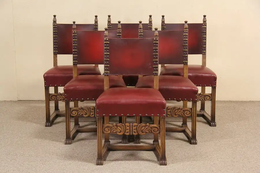 Main image of Set of 6 Spanish Carved Oak & Leather 1930 Antique Dining Chairs