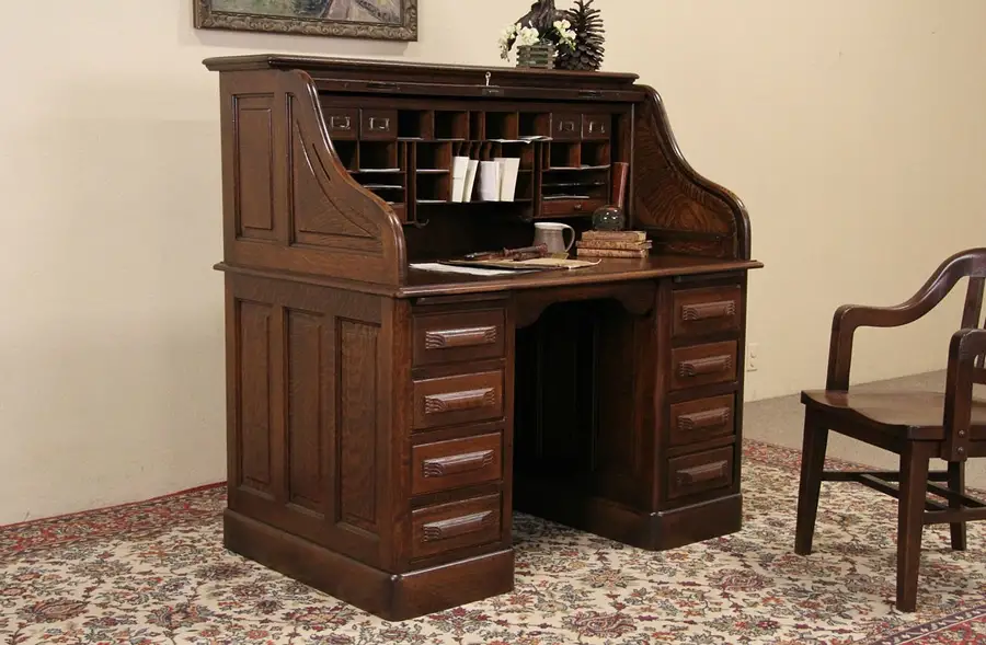 Main image of Oak 1900 Antique S Curve 50" Roll Top Desk, Raised Panels, File Drawer