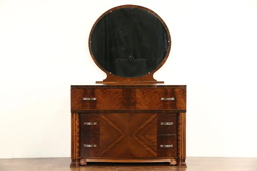 Main image of Art Deco 1935 Vintage Matched Burl Dresser & Mirror, Original Brasses
