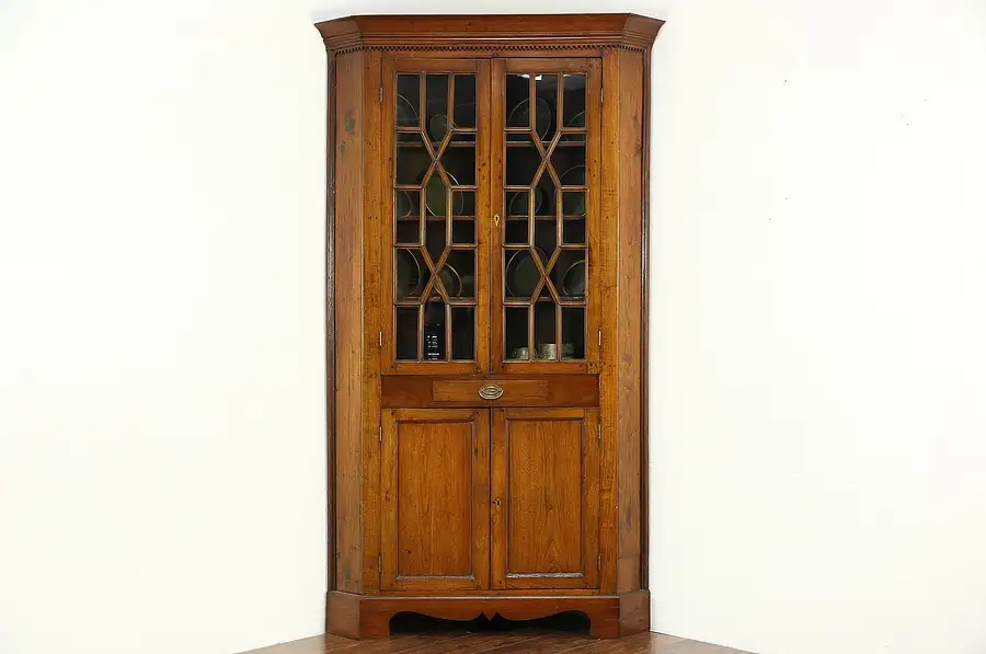 Main image of Walnut Antique 1850's Ohio Corner Cupboard or Cabinet, Wavy Glass Panes