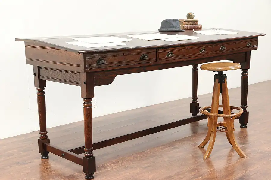 Main image of Oak Antique Train Station Stand Up or Stool Height Railroad Desk