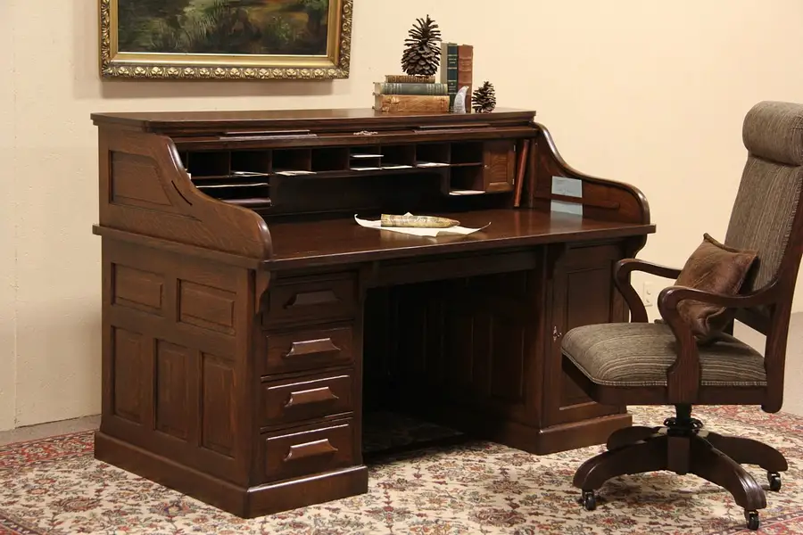 Main image of Gunn Oak 1895 Antique "S" Curve Roll Top Desk, Raised Panels