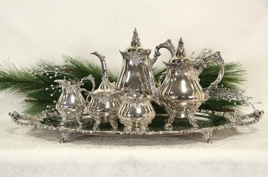 Main image of Wallace Baroque Silverplate 6 Pc Coffee & Tea Service, Large Tray