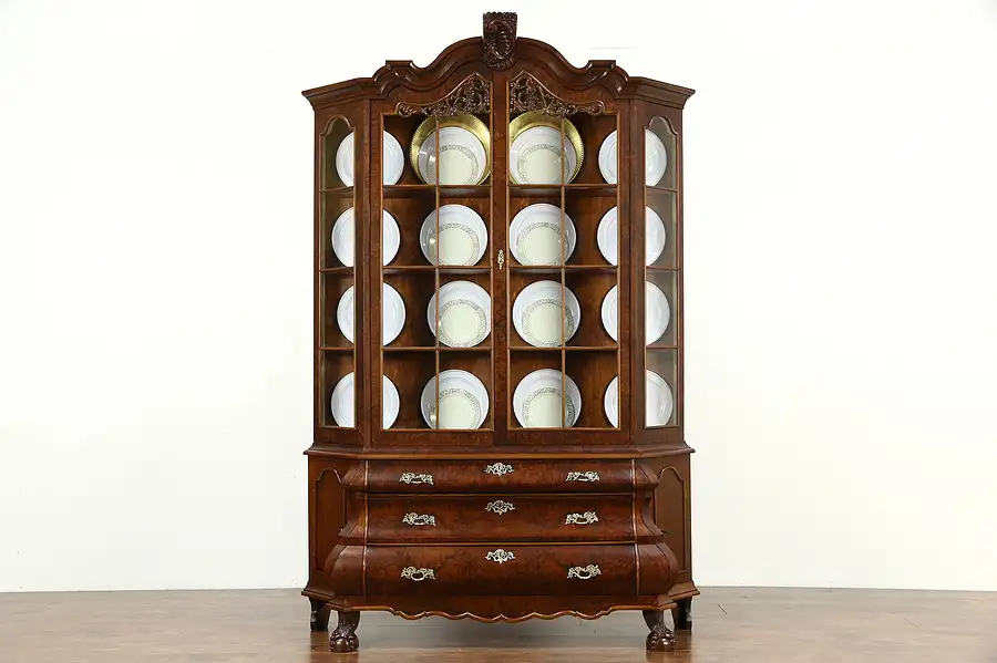 Main image of Dutch Baroque Bombe Burl Vintage China Cabinet