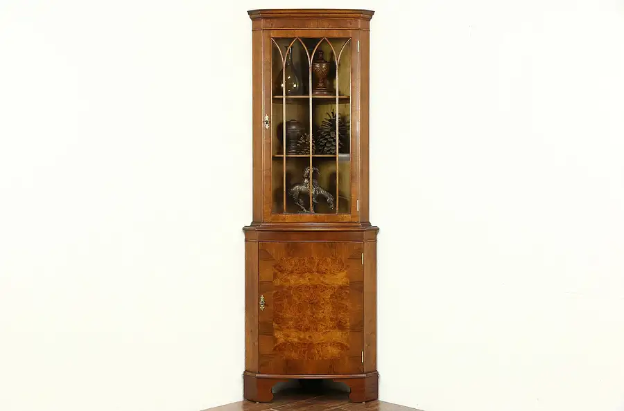 Main image of English 1940 Vintage Mahogany & Burl Corner Cabinet, Arched Glass Door