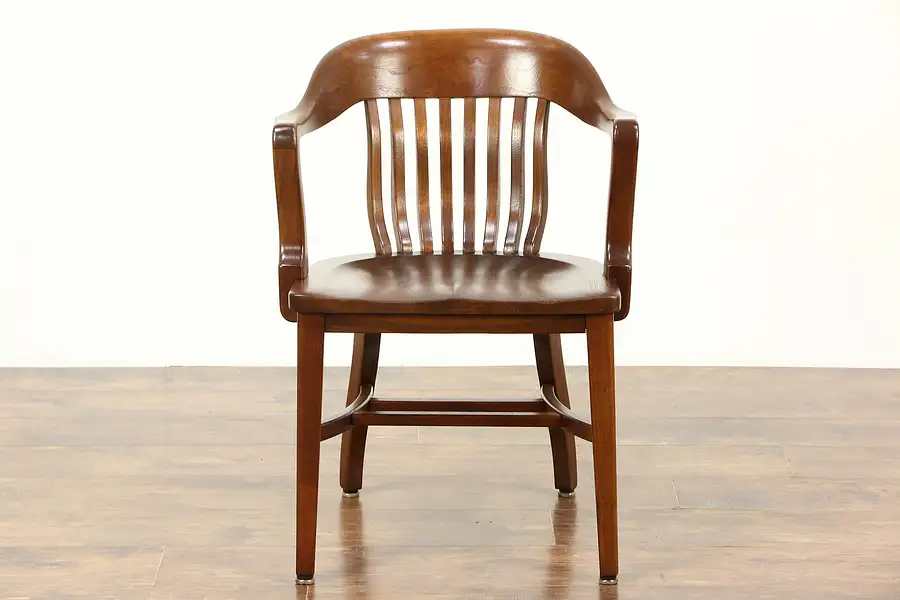 Main image of Walnut 1920 Antique Curved Back Banker, Office or Library Chair, 32" Tall