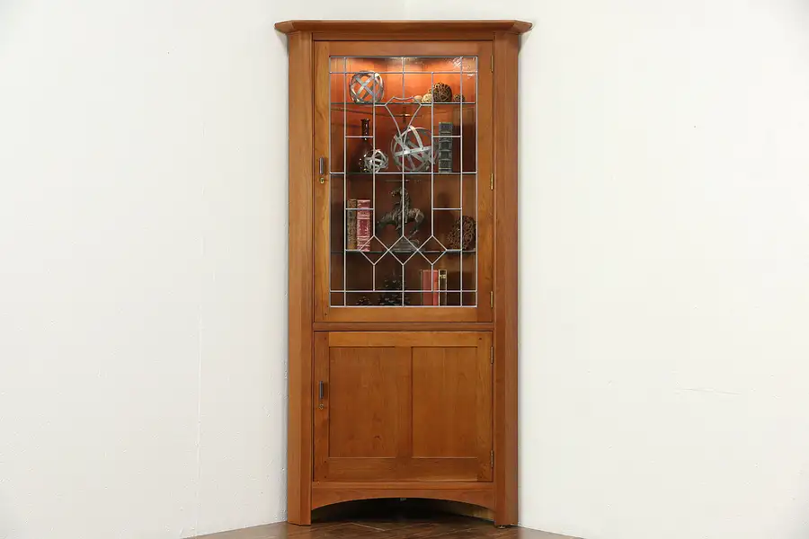 Main image of Cherry Corner Cupboard, Leaded Glass Door, Signed Stickley, 2008