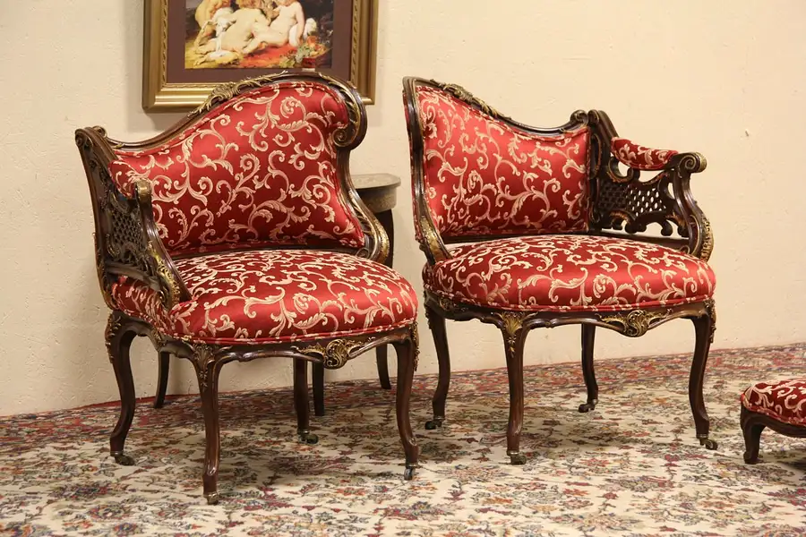 Main image of Pair Carved 1880 Antique French Salon Chairs, Bronze Mounts