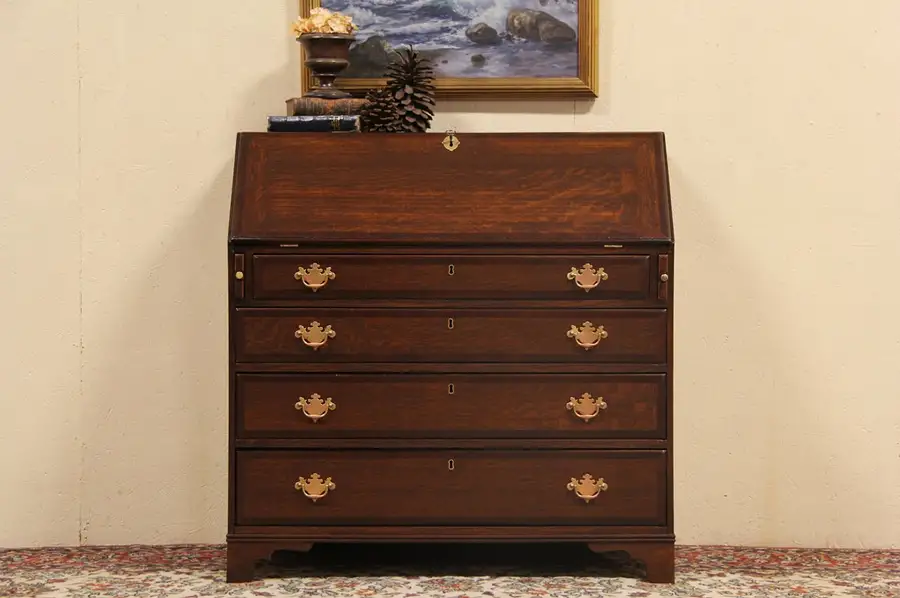 Main image of Secretary Desk, Banded Oak 1800 New England Antique